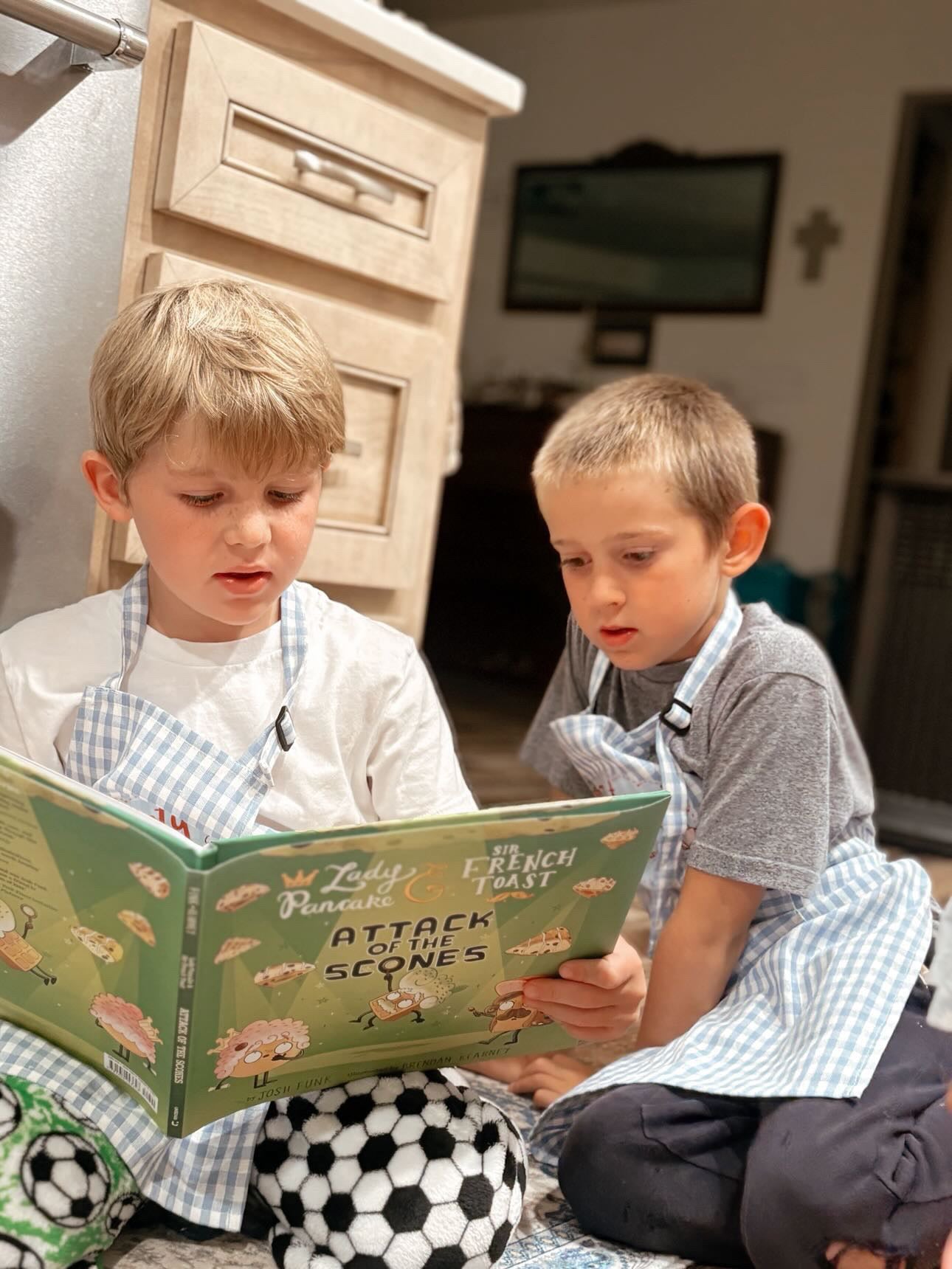 Two young boys wearing matching blue and white gingham aprons sit on the floor reading a green children's book titled 'Attack on the Scenes' in a cozy kitchen setting.