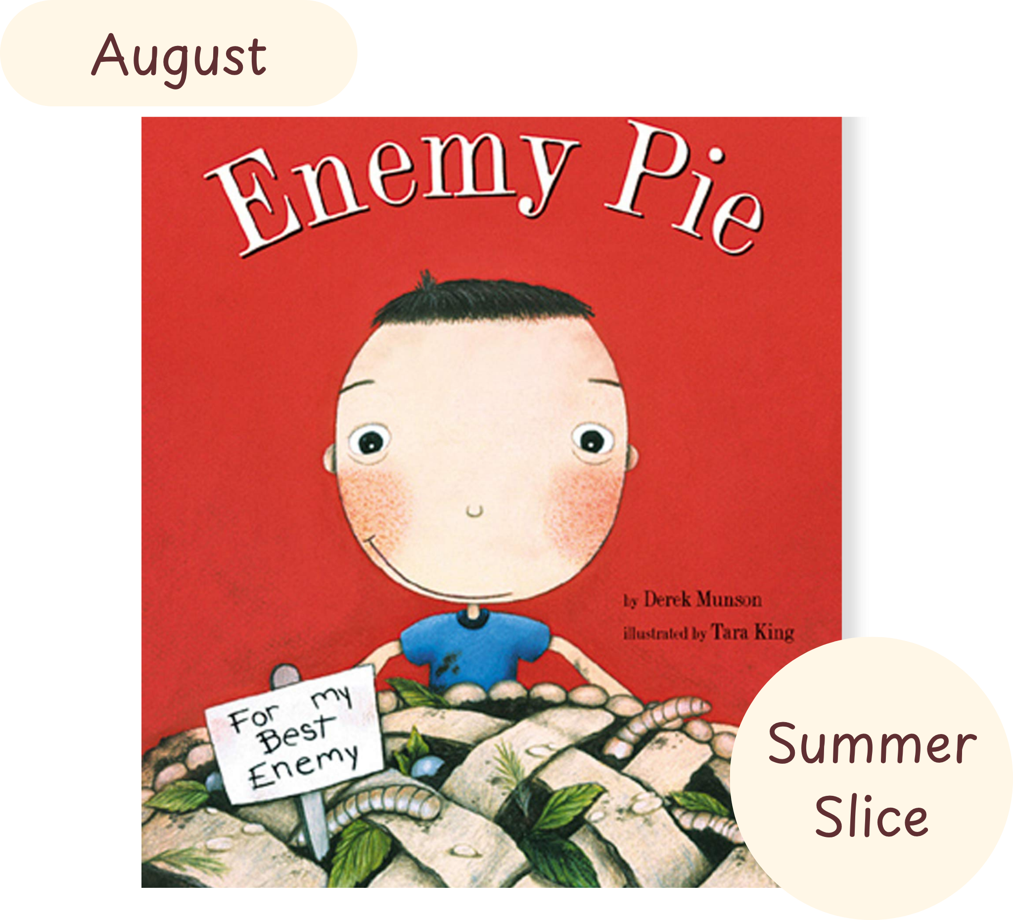 Book cover of 'Enemy Pie' with a child holding a sign on a red background