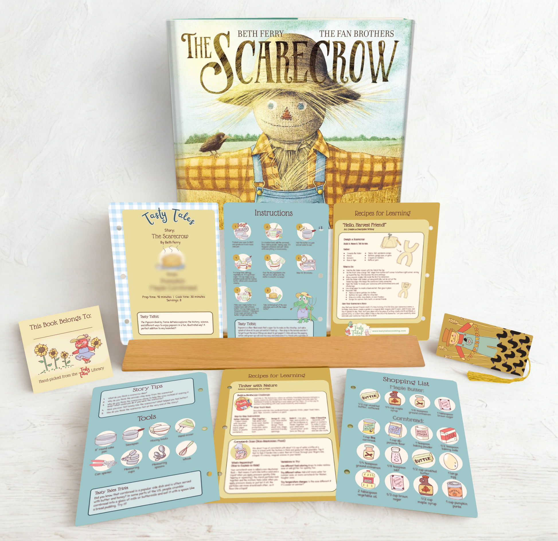 Educational materials including a book titled 'The Scarecrow' by Beth Ferry and The Fan Brothers on a white background.