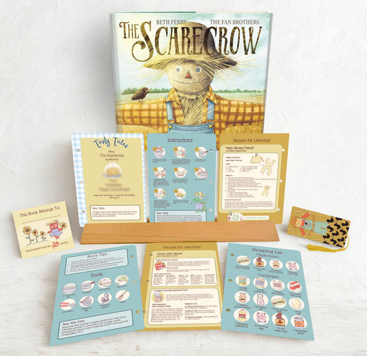 Educational materials including a book titled 'The Scarecrow' by Beth Ferry and The Fan Brothers on a white background.